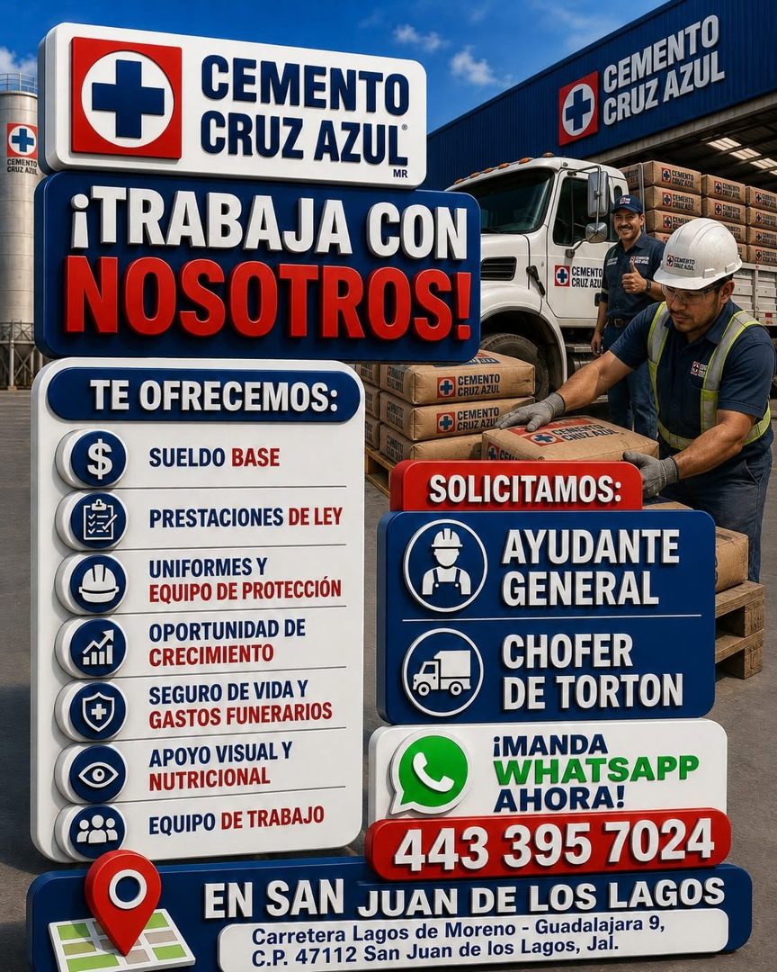 Banner del anuncio de la vacante: CEMENTO · CRUZ AZUL · CEMENTO · CRUZ AZUL · MR · ¡TRABAJA CON · NOSOTROS! · CEMENTO · CRUZ AZUL · O FIONO · CEMENTO · CRUZ AZU · UNICAND · T