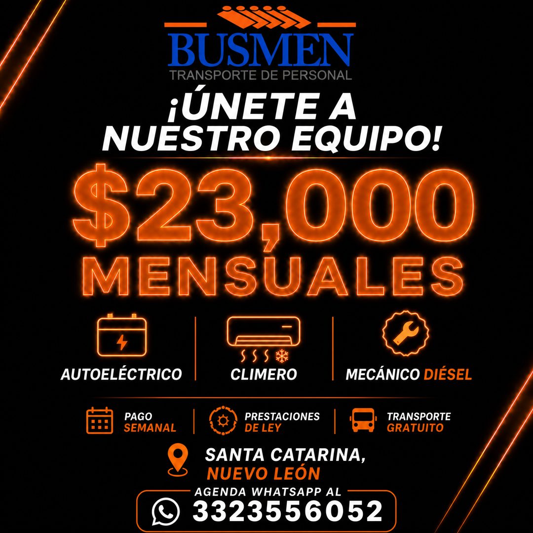 Banner del anuncio de la vacante: BUSMEN · TRANSPORTE DE PERSONAL · ¡UNETE A · NUESTRO EQUIPO! · $23,000 · MENSUALES · AUTOELÉCTRICO · PAGO · SEMANAL · CLIMERO · PRESTACIONES