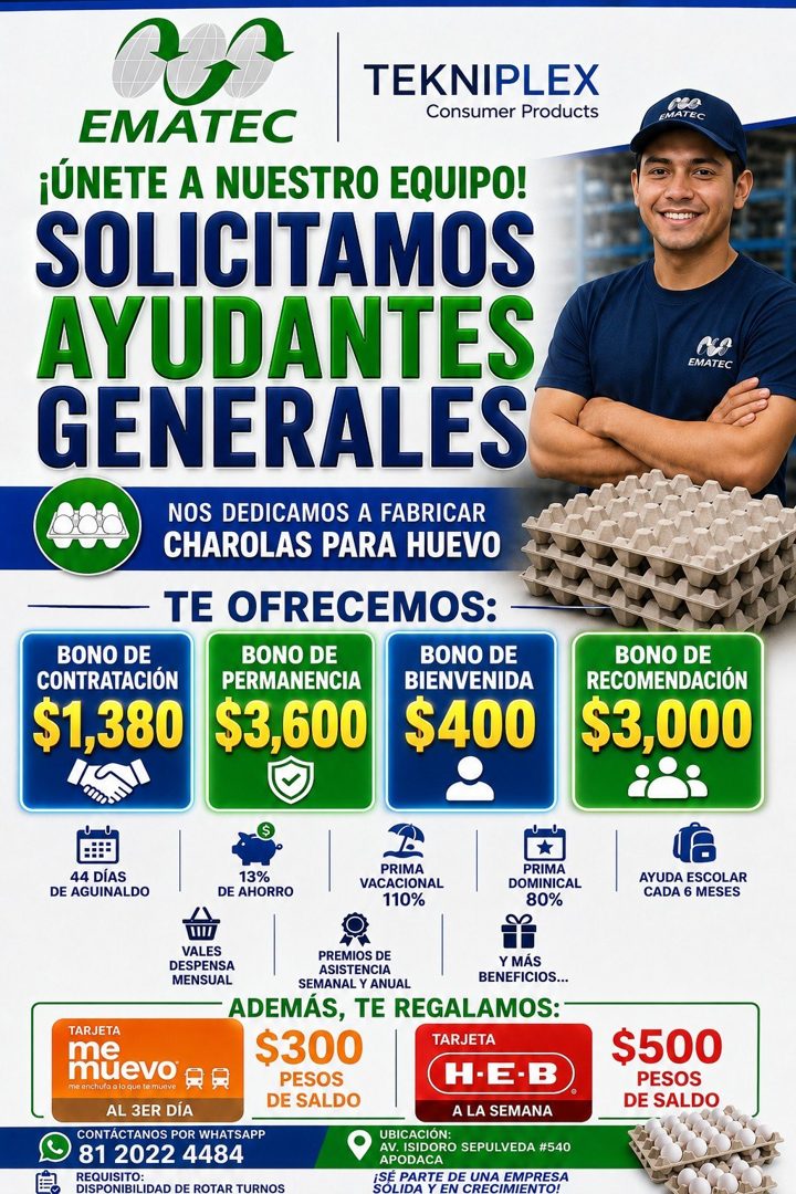 Banner del anuncio de la vacante: TEKNIPLEX · Consumer Products · EMATEC · ¡ÚNETE A NUESTRO EQUIPO! · SOLICITAMOS · AYUDANTES · GENERALES · NOS DEDICAMOS A FABRICAR · CHAROLA