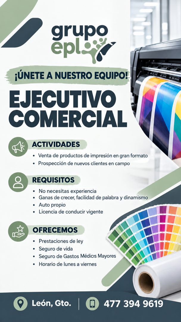 Banner del anuncio de la vacante: grupo · eplo · ¡ÚNETE A NUESTRO EQUIPO! · EJECUTIVO · COMERCIAL · ACTIVIDADES · • Venta de productos de impresión en gran formato · • Prospe