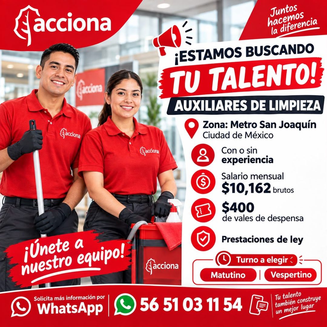 Banner del anuncio de la vacante: acciona · ‹facciona · ¡Únete a · nuestro equipo! · Solicita más información por · WhatsApp · Juntos · hacemos · la diferencia · a acciona · 