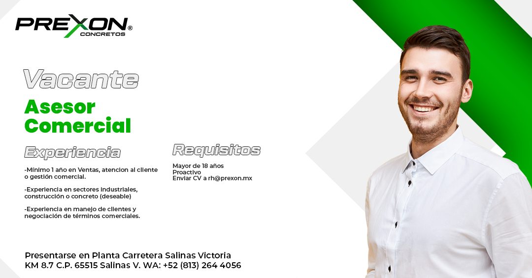 Banner del anuncio de la vacante: PREXON · CONCRETC · Vacante · Asesor · Comercial · Experiencia · -Mínimo 1 año en Ventas, atencion al cliente · o gestión comercial. · -Expe
