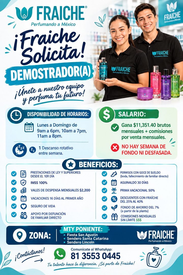 Banner del anuncio de la vacante: FRAICHE® · Perfumando a México · iFraiche · Solicita! · DEMOSTRADOR(A) · ¡Unete a nuestro equipo · y perfuma tu futuro! · DISPONIBILIDAD DE 