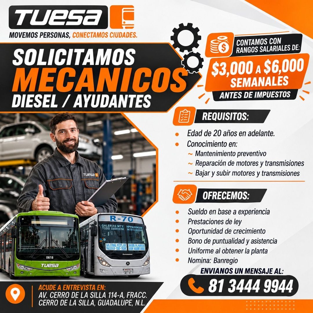 Banner del anuncio de la vacante: TUESa · MOVEMOS PERSONAS, CONECTAMOS CIUDADES. · SOLICITAMOS · MECANICOS · DIESEL / AYUDANTES · Tuesa in · R-70 · ALERIAS M1 · ODO DGUENT · 