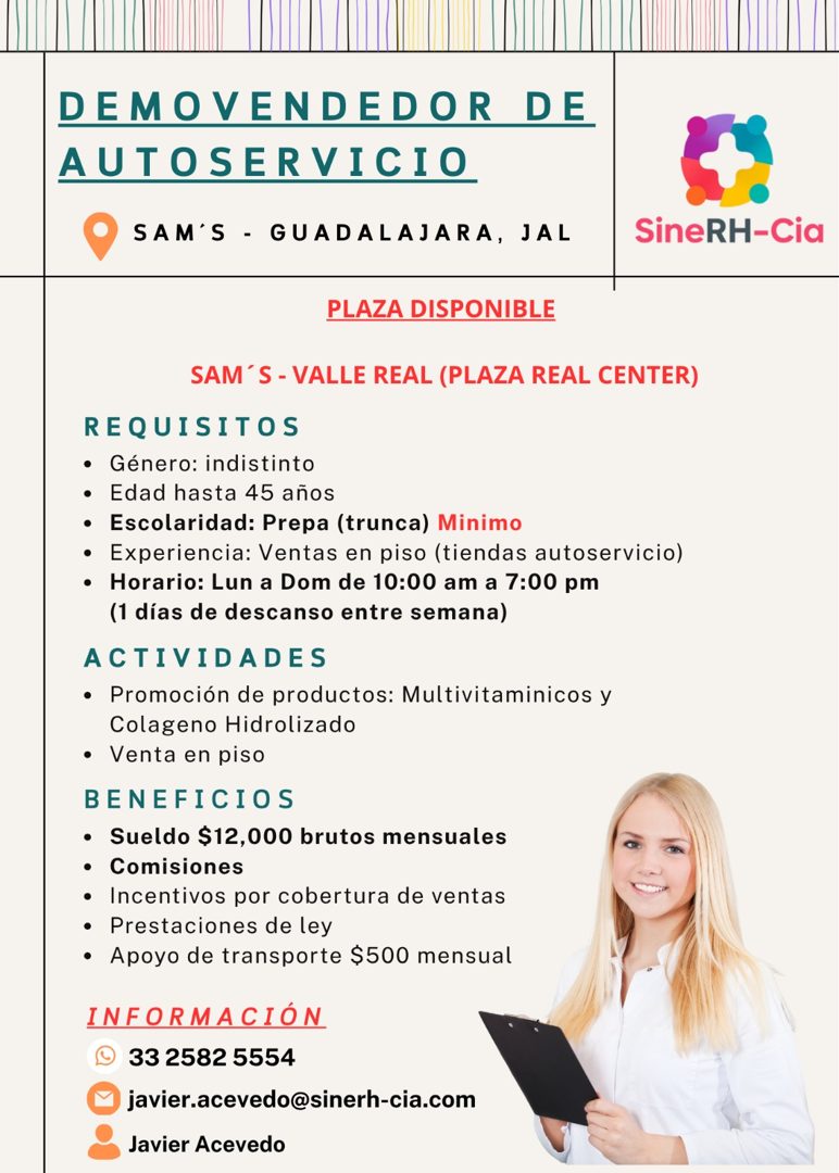 Banner del anuncio de la vacante: DEMOVENDEDOR DE · AUTOSERVICIO · SAM'S - GUADALAJARA, JAL · SineRH-Cia · PLAZA DISPONIBLE · SAM'S - VALLE REAL (PLAZA REAL CENTER) · REQUISI