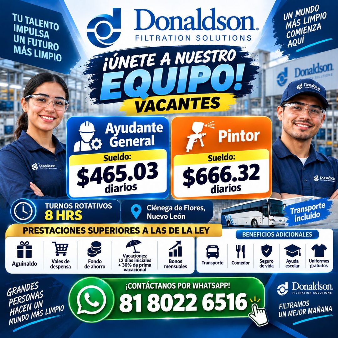 Banner del anuncio de la vacante: TU TALENTO · IMPULSA · UN FUTURO · MÁS LIMPIO · Donaldson. · FILTRATION SOLUTIONS · ¡ÚNETE A NUESTRO · EQUIPO! · VACANTES · -Dacaldson · Ayu