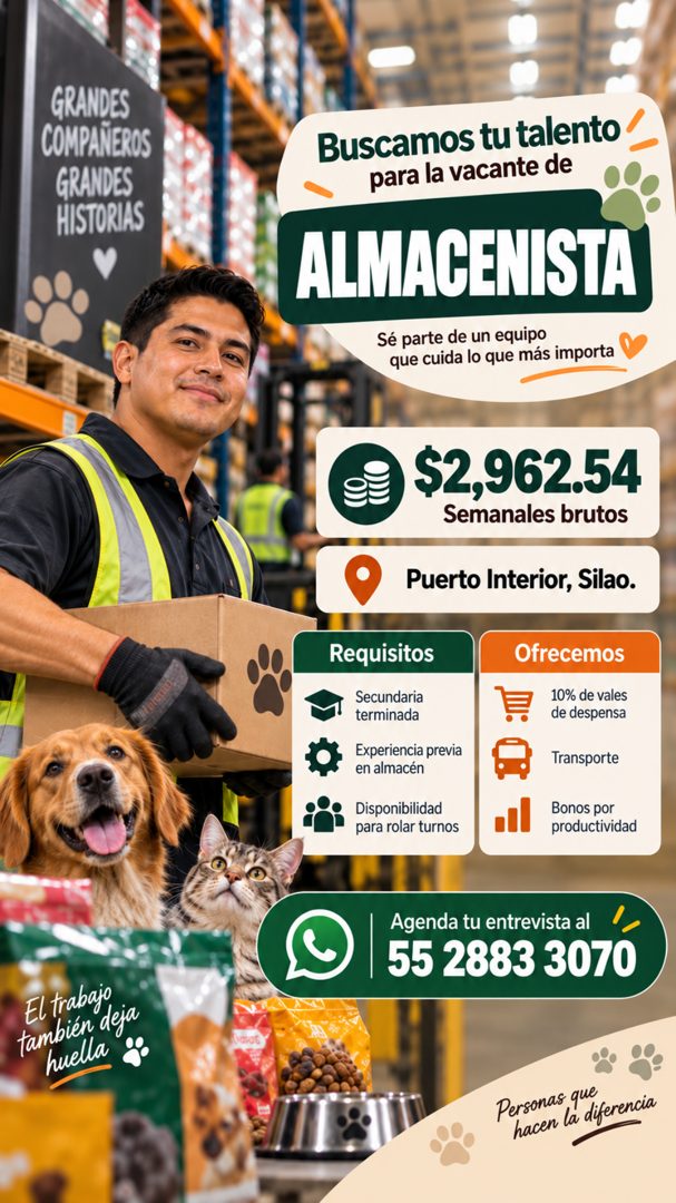 Banner del anuncio de la vacante: GRANDES · COMPAÑEROS · GRANDES · HISTORIAS · El trabajo · también deja · huella · Buscamos tu talento · para la vacante de · ALMACENISTA · S