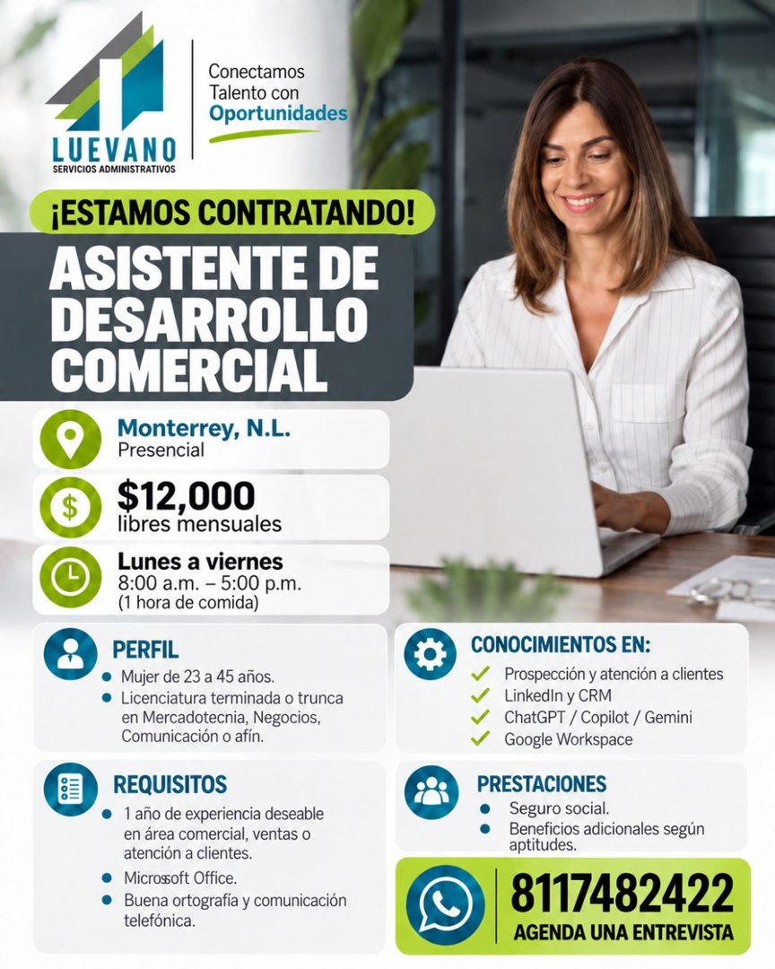 Banner del anuncio de la vacante: Conectamos · Talento con · Oportunidades · LUEVANO · SERVICIOS ADMINISTRATIVOS · ¡ESTAMOS CONTRATANDO! · ASISTENTE DE · DESARROLLO · COMERCI