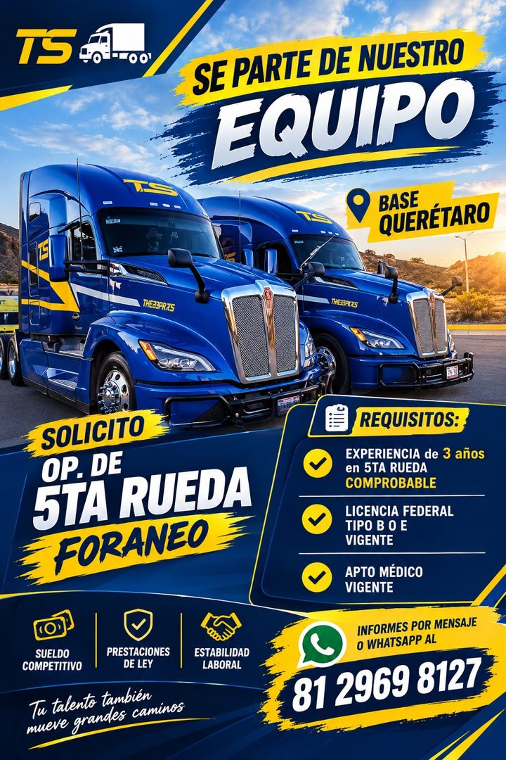 Banner del anuncio de la vacante: TS · 100 · SE PARTE DE NUESTRO · EQUIPO · BASE · QUERÉTARO · THEA3PRXS · THEBBAIRS · SOLICITO · OP. DE · 5TA RUEDA · FORANEO · SUELDO · COMP