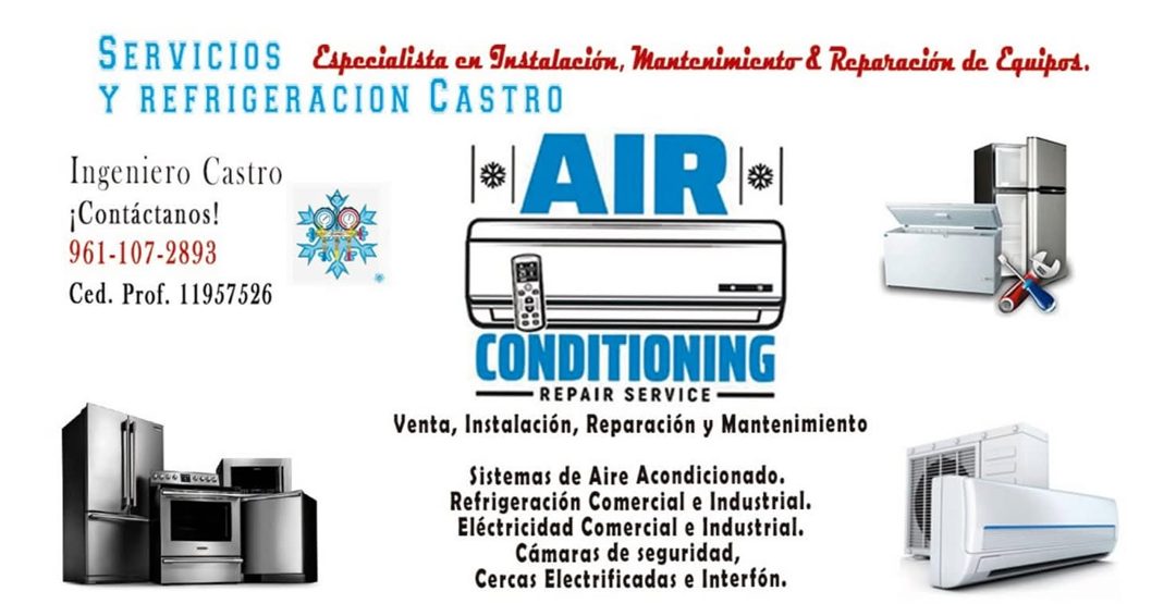 Banner del anuncio de la vacante: SERVICIOS · Especialista en Instalación, Mantenimiento & Reparación de Equipos. · Y REFRIGERACION CASTRO · Ingeniero Castro · ¡Contáctanos! 