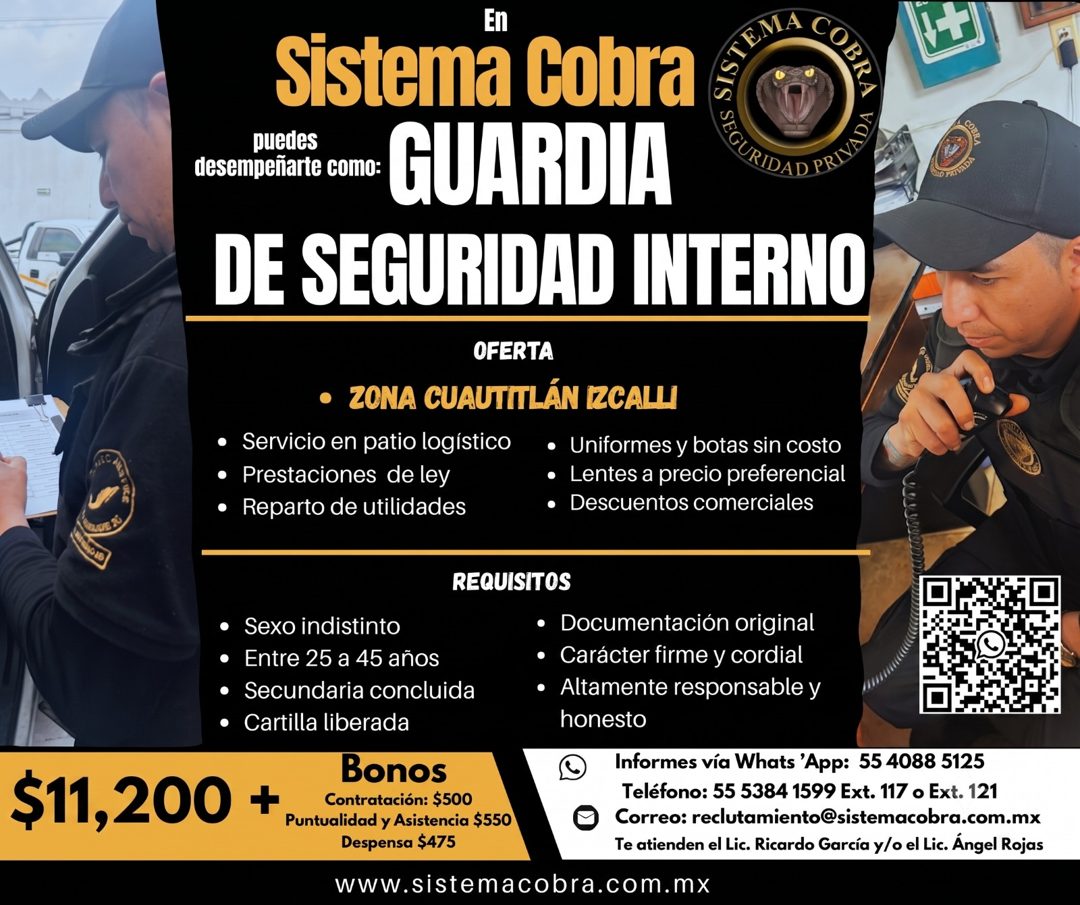 Banner del anuncio de la vacante: En · Sistema Cobra · НО РАУКВ · DE SEGURIDAD INTERNO · OFERTA · • ZONA CUAUTITLÁN IZCALL · • Servicio en patio logístico · • Uniformes y bot