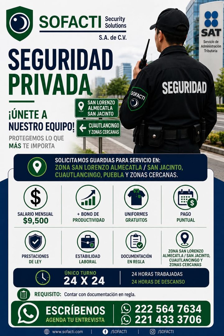 Banner del anuncio de la vacante: SOFACTI · Security · Solutions · S.A. de C.V. · SEGURIDAD · PRIVADA · SAN LORENZO · ALMECATLA · SAN JACINTO · ¡ÚNETE A · NUESTRO EQUIPO! · P