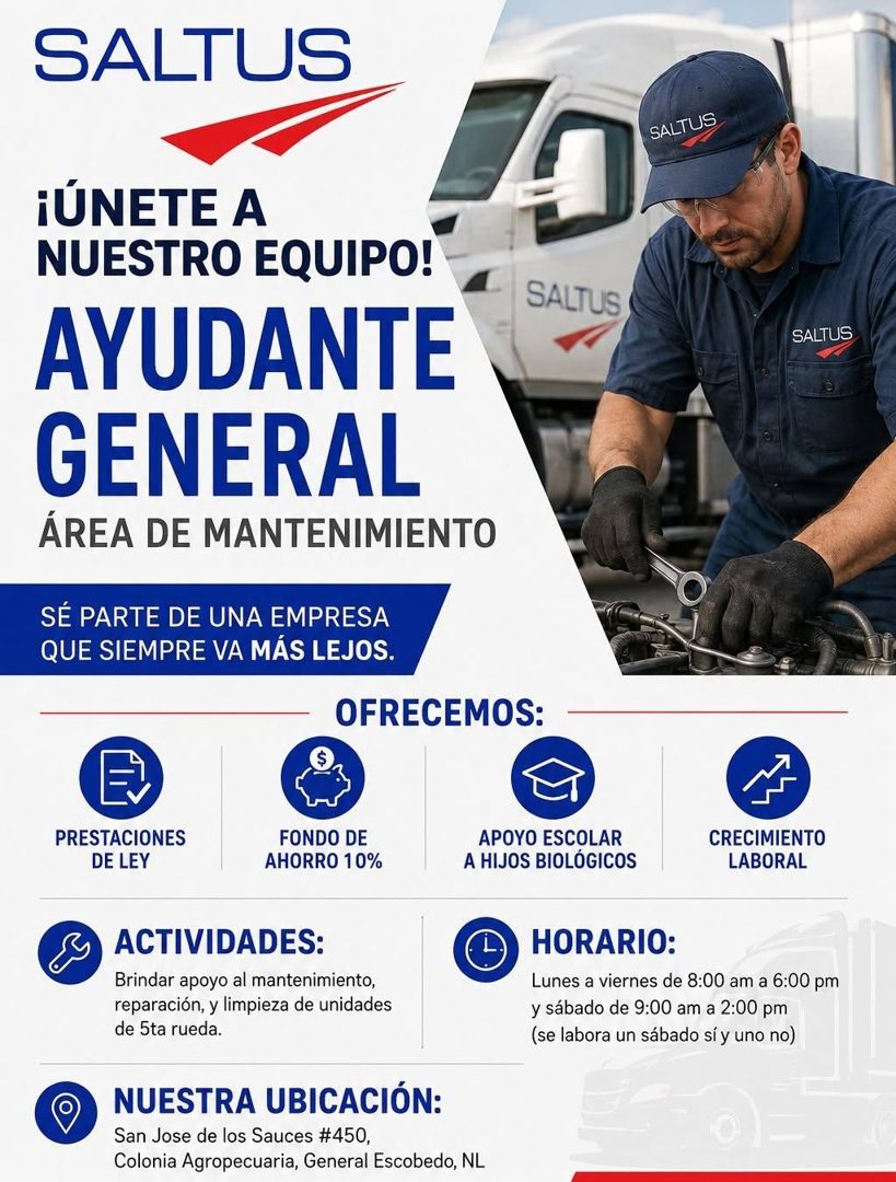 Banner del anuncio de la vacante: SALTUS · SALTUS · ¡UNETE A · NUESTRO EQUIPO! · AYUDANTE · GENERAL · ÁREA DE MANTENIMIENTO · SALTUS · SALTUS · SÉ PARTE DE UNA EMPRESA · QUE 