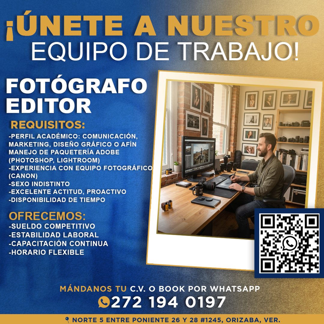 Banner del anuncio de la vacante: ¡ÚNETE A NUESTRO · EQUIPO DE TRABAJO! · FOTÓGRAFO · EDITOR · REQUISITOS: · -PERFIL ACADÉMICO: COMUNICACIÓN, · MARKETING, DISENO GRÁFICO O AF
