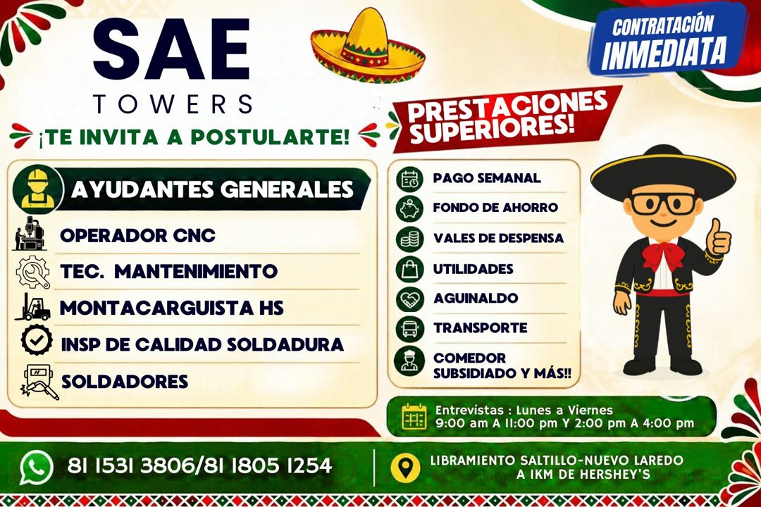 Banner del anuncio de la vacante: SAE · TOWERS · ¡TE INVITA A POSTULARTE! · AYUDANTES GENERALES · OPERADOR CNC · TEC. MANTENIMIENTO · MONTACARGUISTA HS · INSP DE CALIDAD SOLD