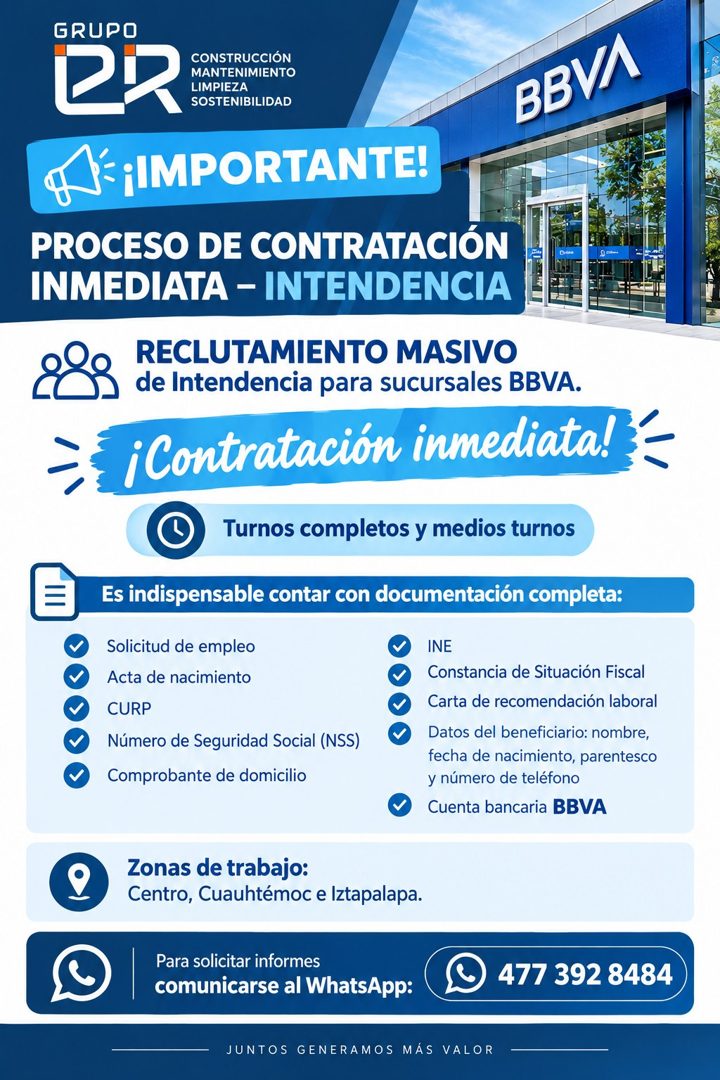 Banner del anuncio de la vacante: GRUPO · 2R · CONSTRUCCIÓN · MANTENIMIENTO · LIMPIEZA · SOSTENIBILIDAD · BBVA · ¡IMPORTANTE! · PROCESO DE CONTRATACIÓN · INMEDIATA - INTENDEN