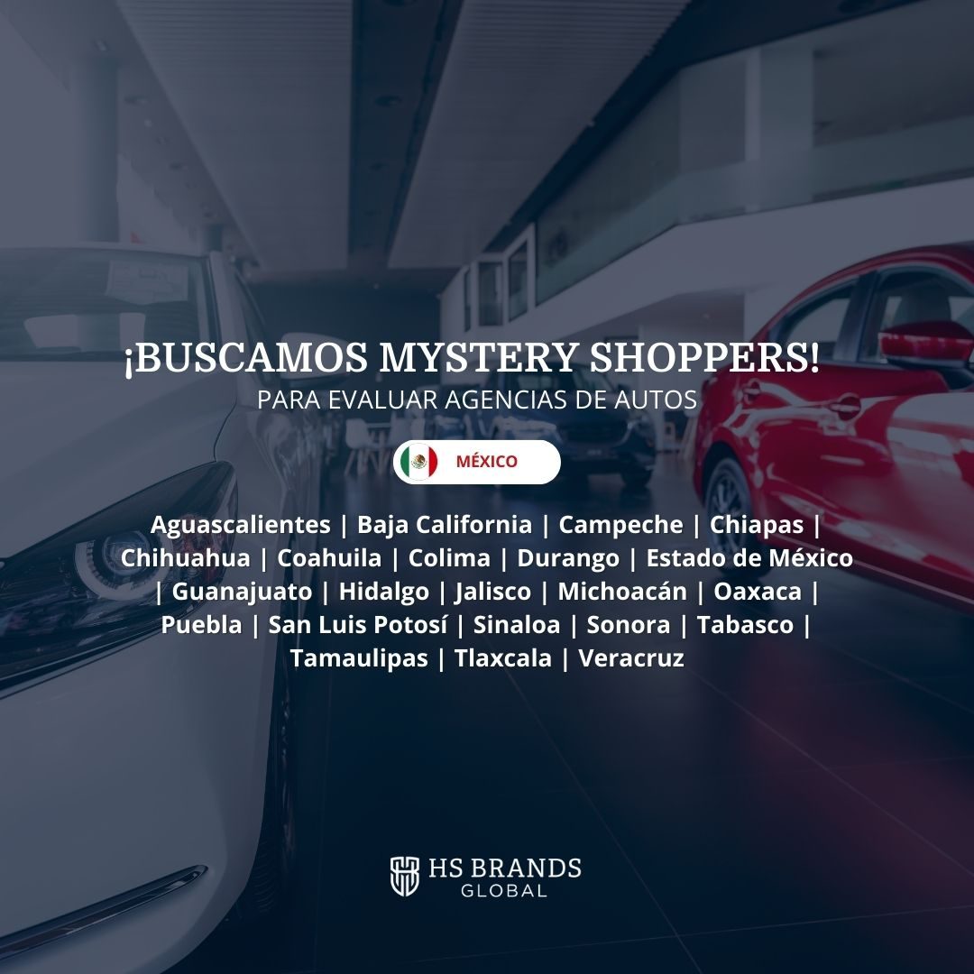 Banner del anuncio de la vacante: ¡BUSCAMOS MYSTERY SHOPPERS! · PARA EVALUAR AGENCIAS DE AUTOS · MÉXICO · Aguascalientes | Baja California | Campeche | Chiapas | · Chihuahua 