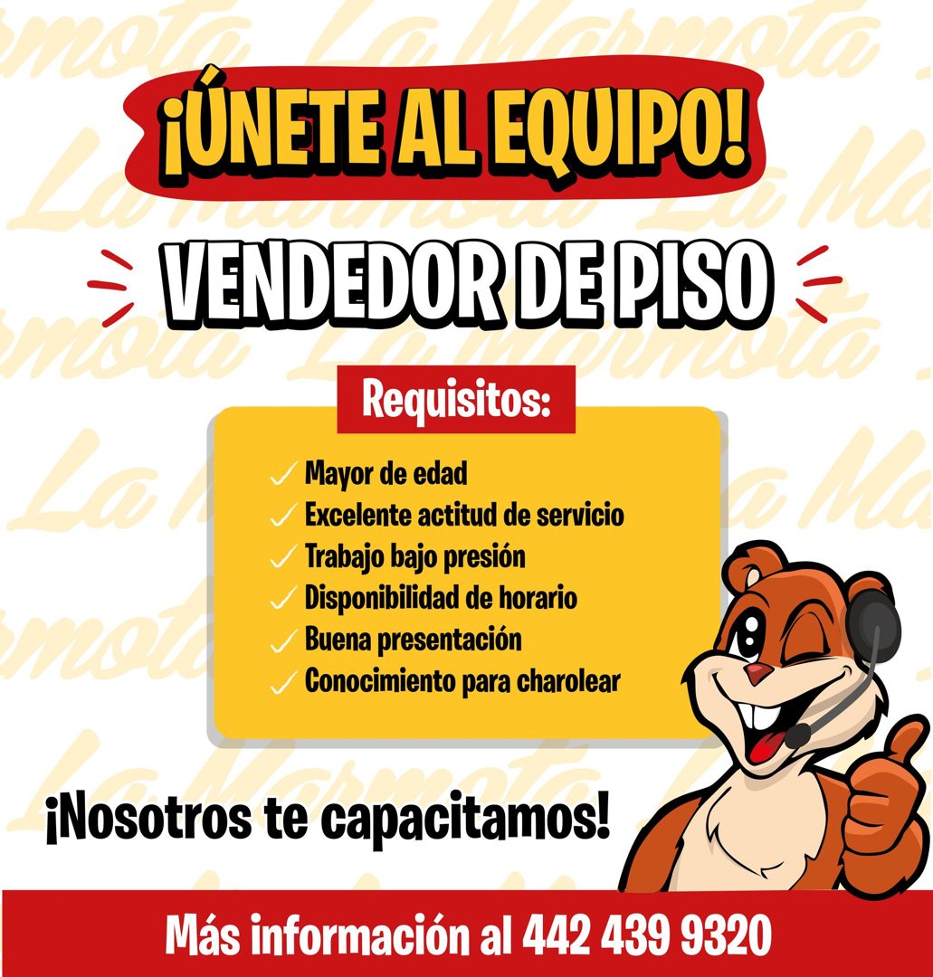 Banner del anuncio de la vacante: та · ¡UNETE AL EQUIPO! · Lal · VENDEDOR DE PISO · Requisitos: · Mayor de edad · Excelente actitud de servicio · Trabajo bajo presión · Dispo