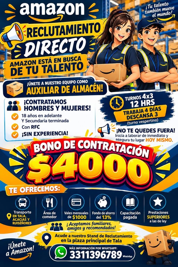 Banner del anuncio de la vacante: amazon ≤ · RECLUTAMIENTO · EDIRECTO · AMAZON ESTÁ EN BUSCA · DE TU TALENTO · iTu talento · también mueve · el mundo! · ¡ÚNETE A NUESTRO EQUI