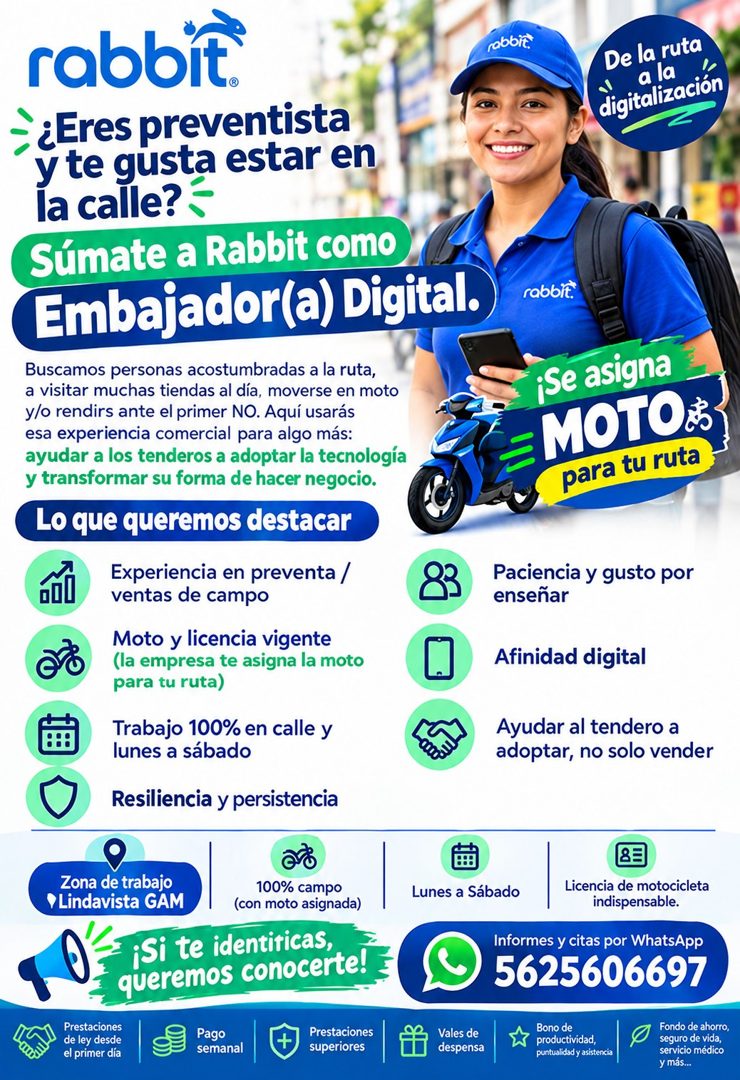 Banner del anuncio de la vacante: rabbit. · ¿Eres preventista · y te gusta estar en · la calle? · Sumate a Rabbit como · Embajador(a) Digital. · Buscamos personas acostumbrad