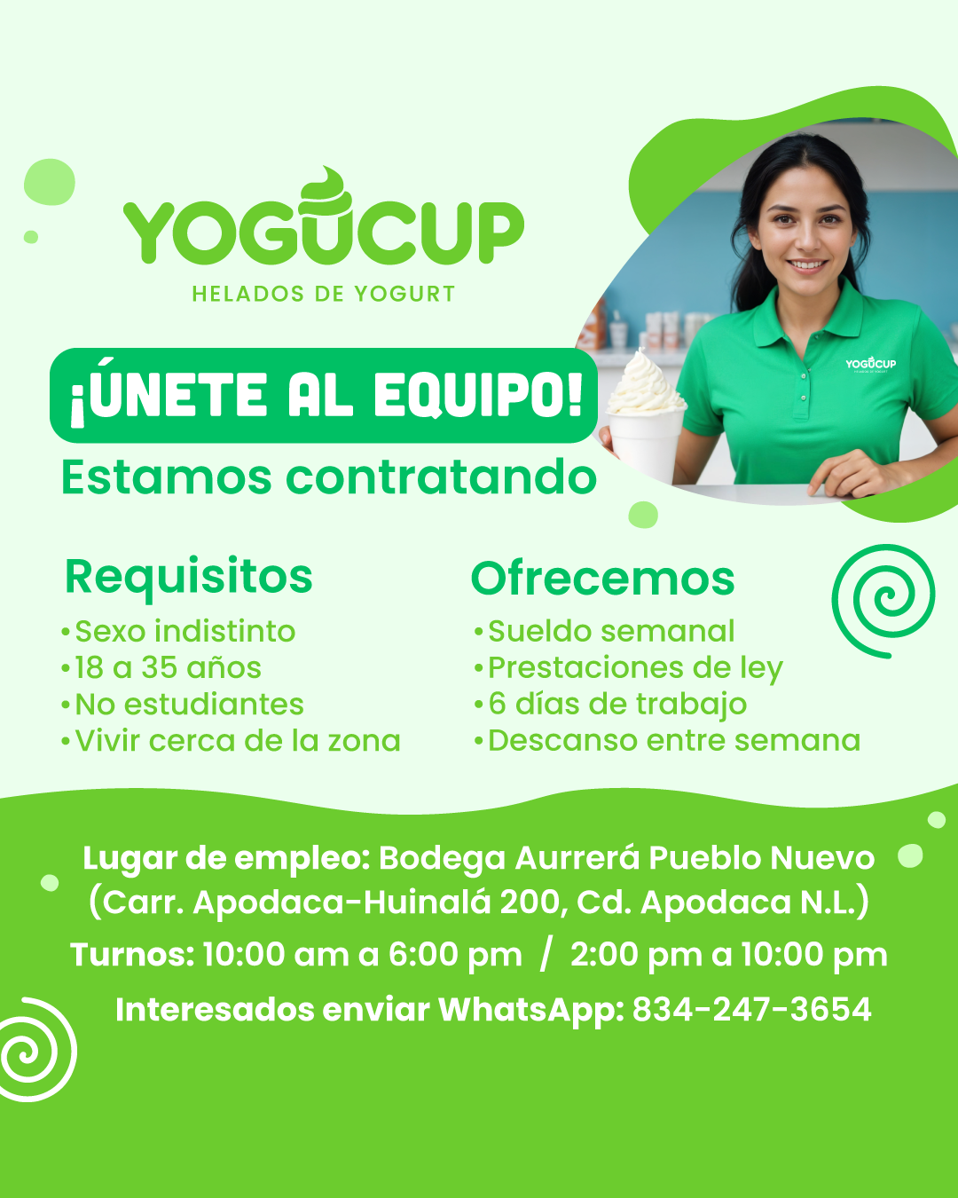 Banner del anuncio de la vacante: YOGŨCUP · HELADOS DE YOGURT · ¡ÚNETE AL EQUIPO! · Estamos contratando · Requisitos · Ofrecemos · • Sexo indistinto · • Sueldo semanal · •18 