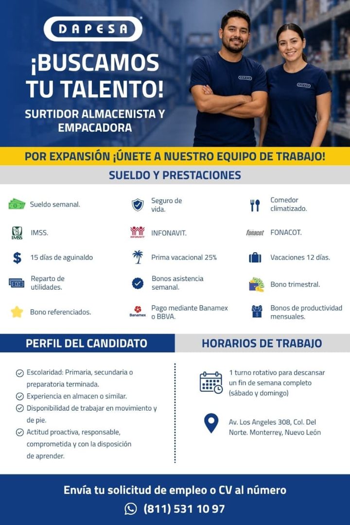 Banner del anuncio de la vacante: DAPESA · ¡BUSCAMOS · TU TALENTO! · SURTIDOR ALMACENISTA Y · EMPACADORA · POR EXPANSIÓN ¡ÚNETE A NUESTRO EQUIPO DE TRABAJO! · SUELDO Y PRESTA