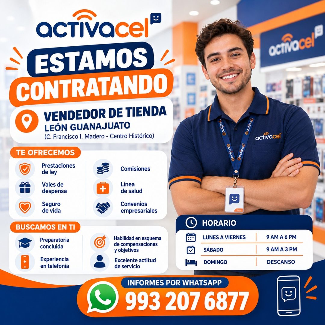 Banner del anuncio de la vacante: aCTIVacel® · ESTAMOS · CONTRATANDO · VENDEDOR DE TIENDA · LEÓN GUANAJUATO · (C. Francisco I. Madero - Centro Histórico) · TE OFRECEMOS · Pre