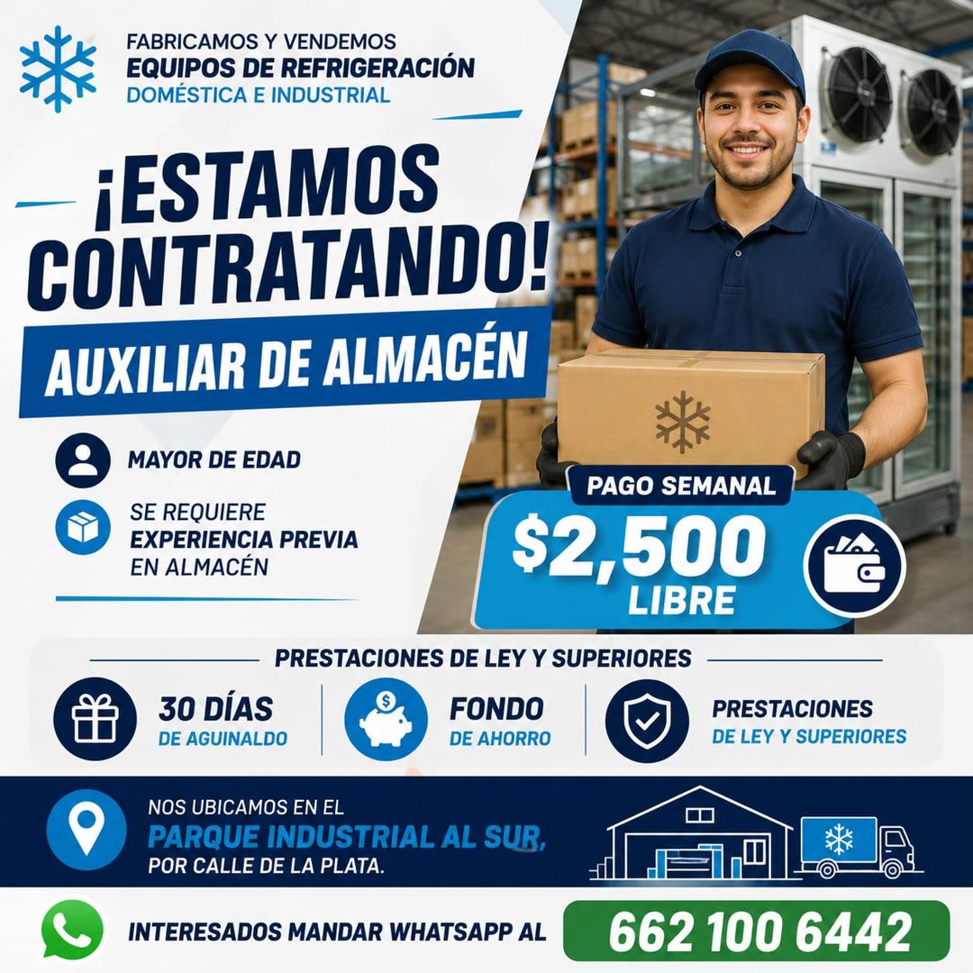 Banner del anuncio de la vacante: FABRICAMOS Y VENDEMOS · EQUIPOS DE REFRIGERACIÓN · DOMÉSTICA E INDUSTRIAL · -¡ESTAMOS · CONTRATANDO! · AUXILIAR DE ALMACEN · MAYOR DE EDAD ·