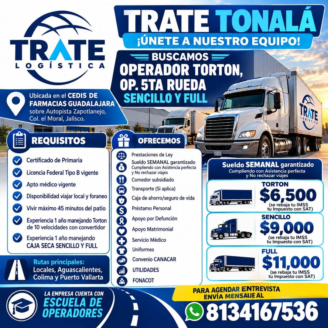 Banner del anuncio de la vacante: TRATE · GÍSTI · C · A · TRATE TONALÁ · ¡ÚNETE A NUESTRO EQUIPO! · BUSCAMOS E · OPERADOR TORTON, · OP. 5TA RUEDA · SENCILLO Y FULL · Ubicada 