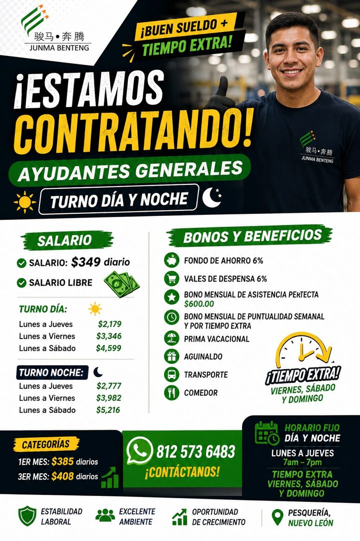 Banner del anuncio de la vacante: ¡BUEN SUELDO + · JUNMA BENTENG · TIEMPO EXTRA! · ¡ESTAMOS · CONTRATANDO! · AYUDANTES GENERALES · TURNO DÍA Y NOCHE · JUNMA BENTENG · SALARIO