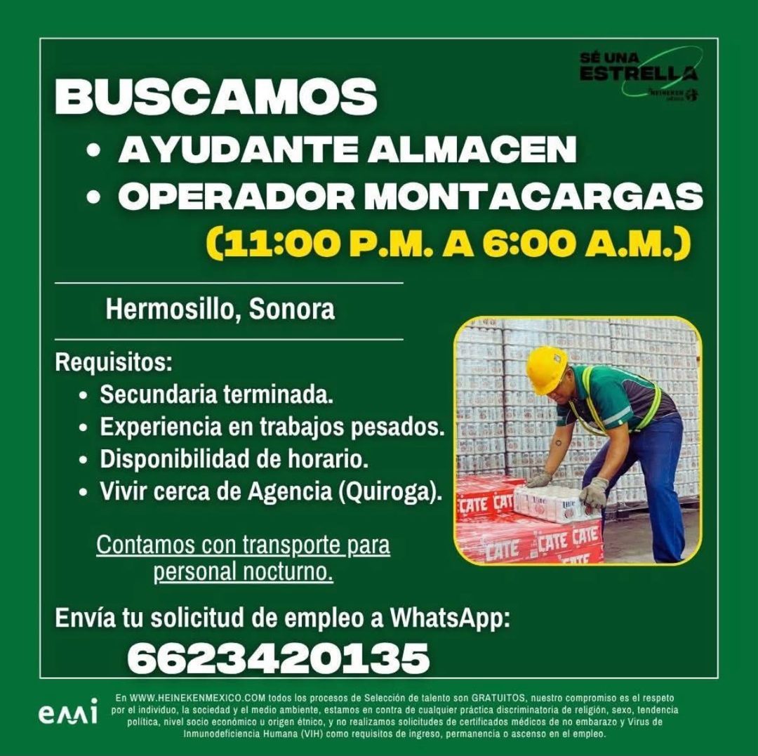 Banner del anuncio de la vacante: BUSCAMOS · SE UNA · ESTRELLA · MEMENIN 3 · • AYUDANTE ALMACEN · • OPERADOR MONTACARGAS · (11:00 P.M. A 6:00 A.M.) · Hermosillo, Sonora · Req