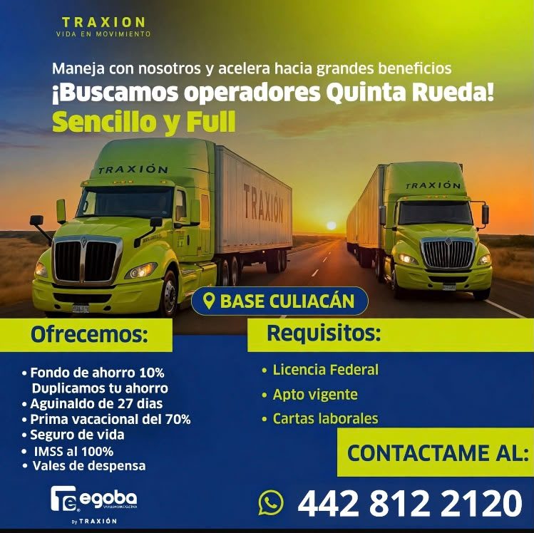 Banner del anuncio de la vacante: TRAXION · VIDA EN MOVIMIENTO · Maneja con nosotros y acelera hacia grandes beneficios · ¡Buscamos operadores Quinta Rueda! · Sencillo y Full