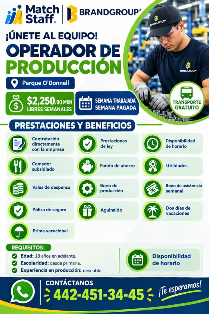 Banner del anuncio de la vacante: Match · BRANDGROUP® · Staff® · ¡ÚNETE AL EQUIPO! · OPERADOR DE · PRODUCCIÓN · Parque O'Donnell · $ · $2,250.00 MXN · LIBRES SEMANALES · SEMA