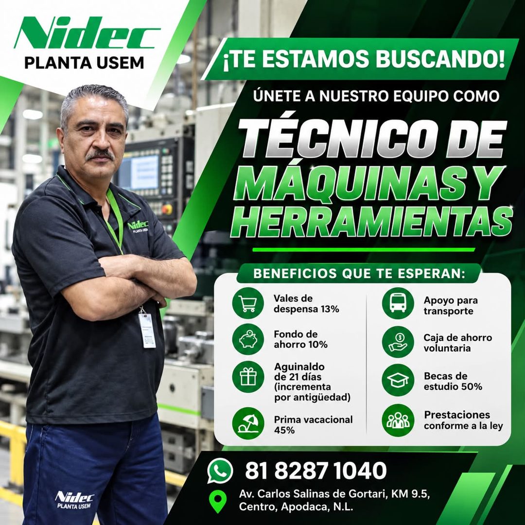 Banner del anuncio de la vacante: Vider · PLANTA USEM · Nider · TUNILUÊN · Videt · PLANTA USEM · ¡TE ESTAMOS BUSCANDO! · ÚNETE A NUESTRO EQUIPO COMO · TÉCNICO DE · MÁQUINAS Y