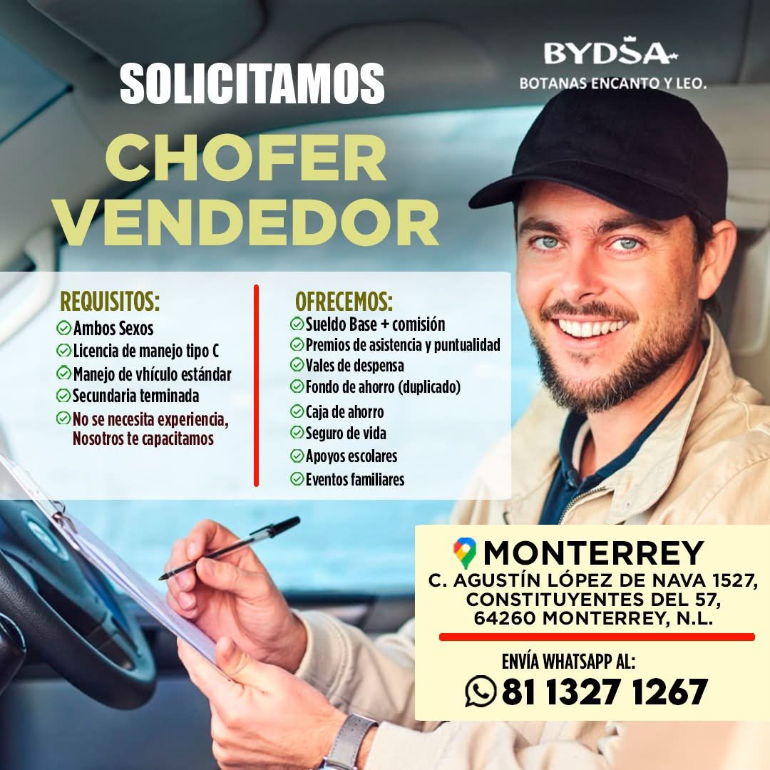 Banner del anuncio de la vacante: SOLICITAMOS · CHOFER · VENDEDOR · REQUISITOS: · • Ambos Sexos · • Licencia de manejo tipo C · • Manejo de vhículo estándar · • Secundaria te