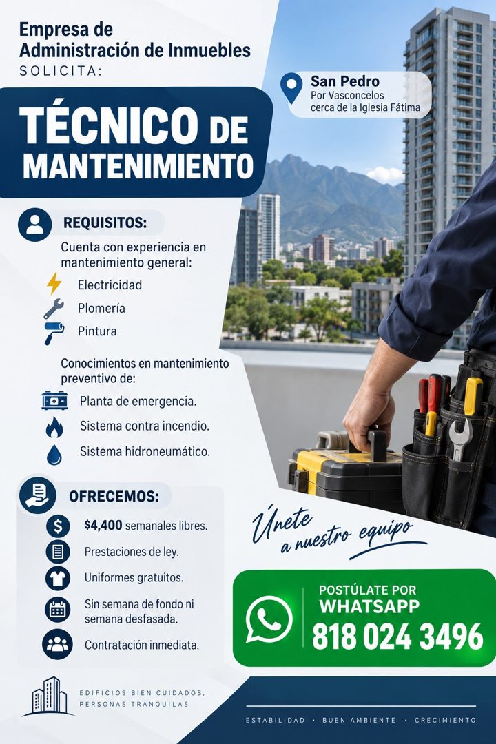 Banner del anuncio de la vacante: Empresa de · Administración de Inmuebles · SOLICITA: · TÉCNICO DE · MANTENIMIENTO · San Pedro · Por Vasconcelos · cerca de la Iglesia Fátima