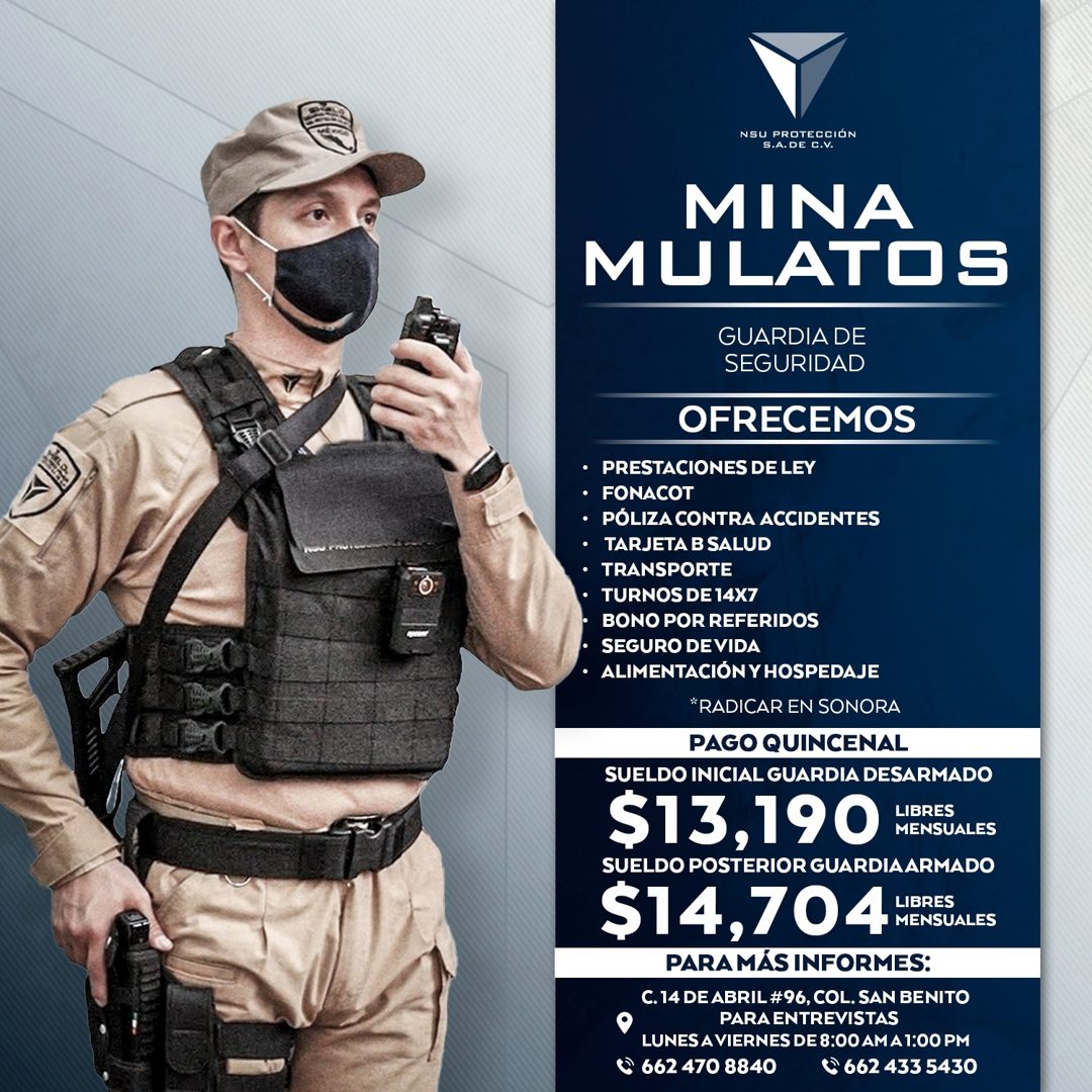 Banner del anuncio de la vacante: NSU PROTECCIÓN · S.A. DE C.V. · MINA · MULATOS · GUARDIA DE · SEGURIDAD · OFRECEMOS · • PRESTACIONES DE LEY · • FONACOT · • PÓLIZA CONTRA AC