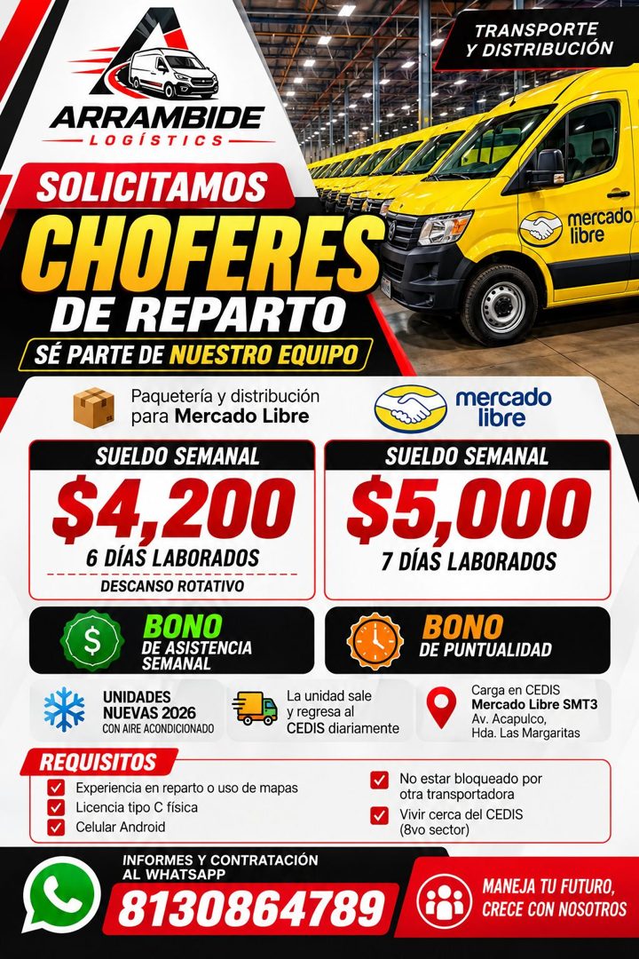 Banner del anuncio de la vacante: TRANSPORTE · Y DISTRIBUCIÓN · ARRAMBIDE · - LOGÍSTICS · SOLICITAMOS · CHOFERES · DE REPARTO · SE PARTE DE NUESTRO EQUIPO · Paquetería y dist