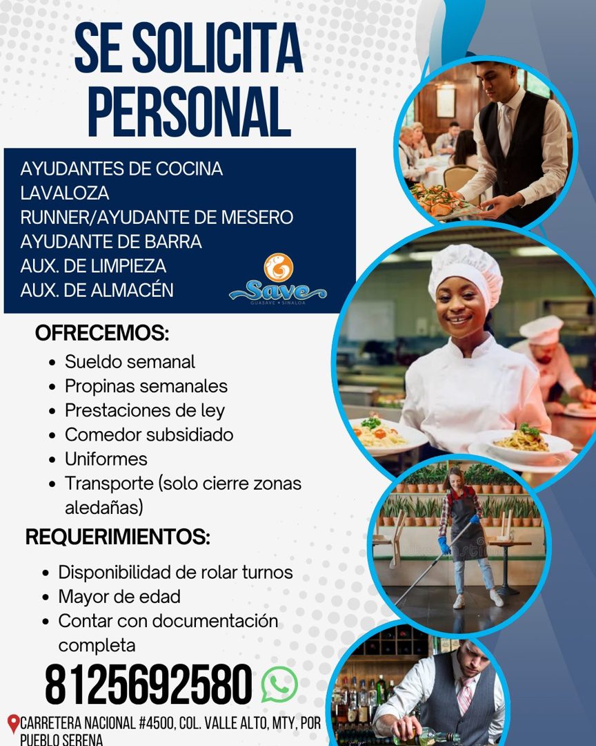 Banner del anuncio de la vacante: SE SOLICITA · PERSONAL · AYUDANTES DE COCINA · LAVALOZA · RUNNER/AYUDANTE DE MESERO · AYUDANTE DE BARRA · AUX. DE LIMPIEZA · AUX. DE ALMACÉN