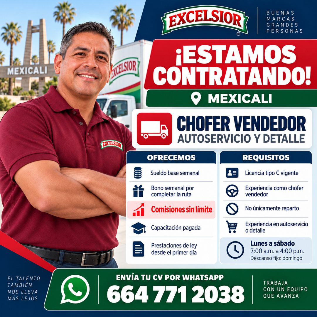 Banner del anuncio de la vacante: MEXICALI · EL TALENTO · TAM BIỂN · NOS LLEVA · MÁS LEJOS · A CESIOR · EXCELSTOR · EXCELSIOR · BUENAS · MARCAS · GRANDES · PERSONAS · ¡ESTAMO