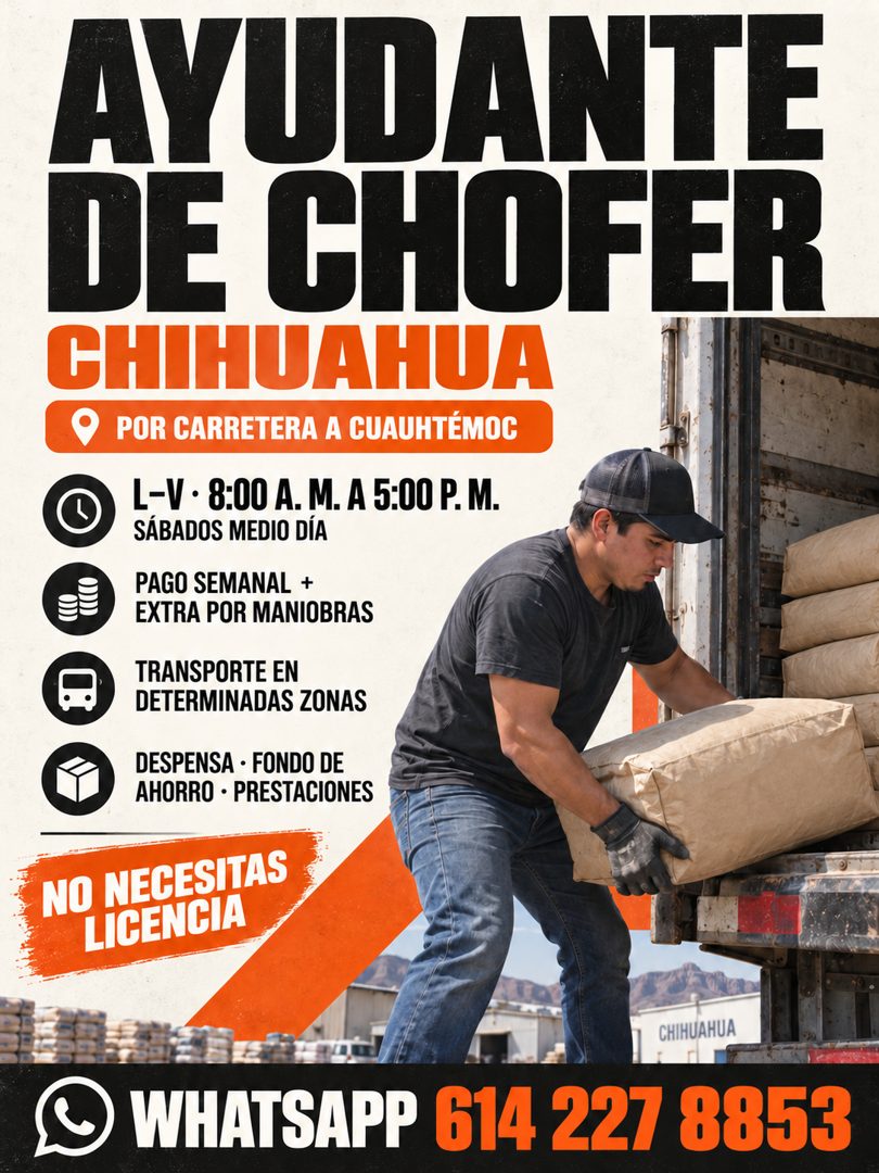 Banner del anuncio de la vacante: AYUDANTE · DE CHOFER · CHIHUAHUA · POR CARRETERA A CUAUHTÉMOC · L-V • 8:00 A. M. A 5:00 P. M. · SÁBADOS MEDIO DÍA · PAGO SEMANAL + · EXTRA P