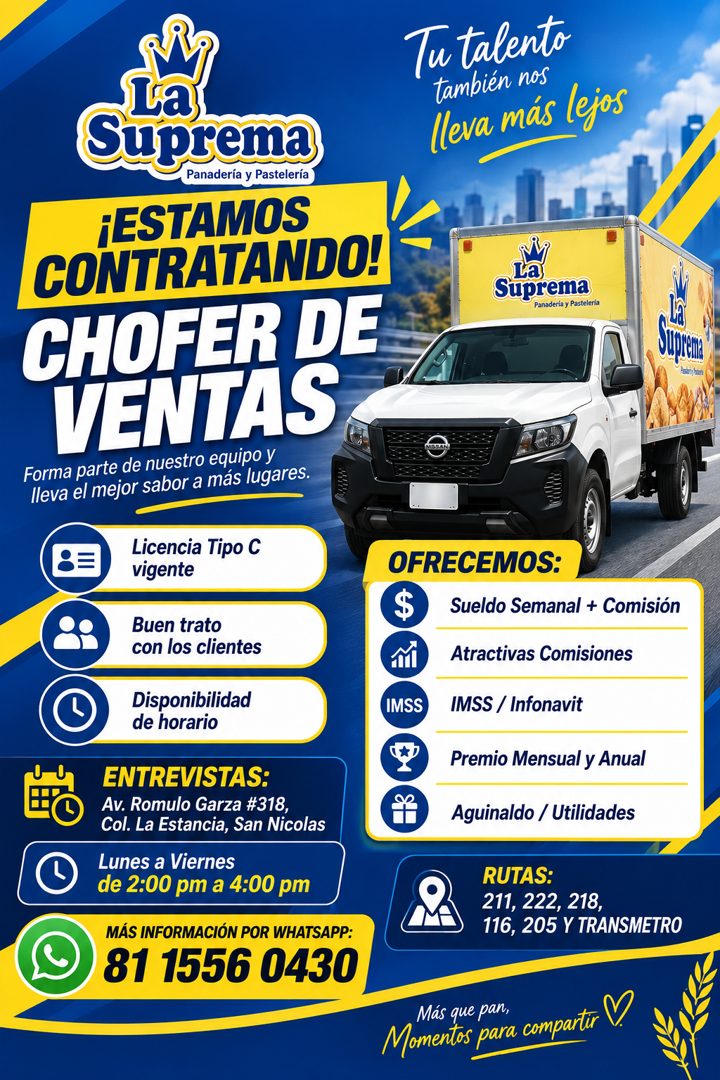 Banner del anuncio de la vacante: La · Suprema · Panadería y Pastelería · ¡ESTAMOS · CONTRATANDO! · CHOFER DE · VENTAS · Forma parte de nuestro equipo y · lleva el mejor sabo