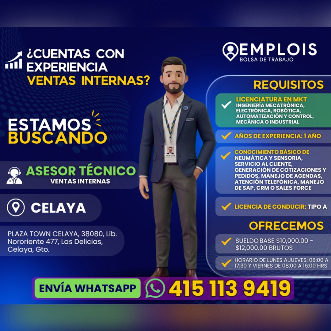 Banner del anuncio de la vacante: ¿CUENTAS CON · EXPERIENCIA · VENTAS INTERNAS? · EMPLOIS · BOLSA DE TRABAJO · ESTAMOS · BUSCANDO · ASESOR TÉCNICO · VENTAS INTERNAS · CELAYA 
