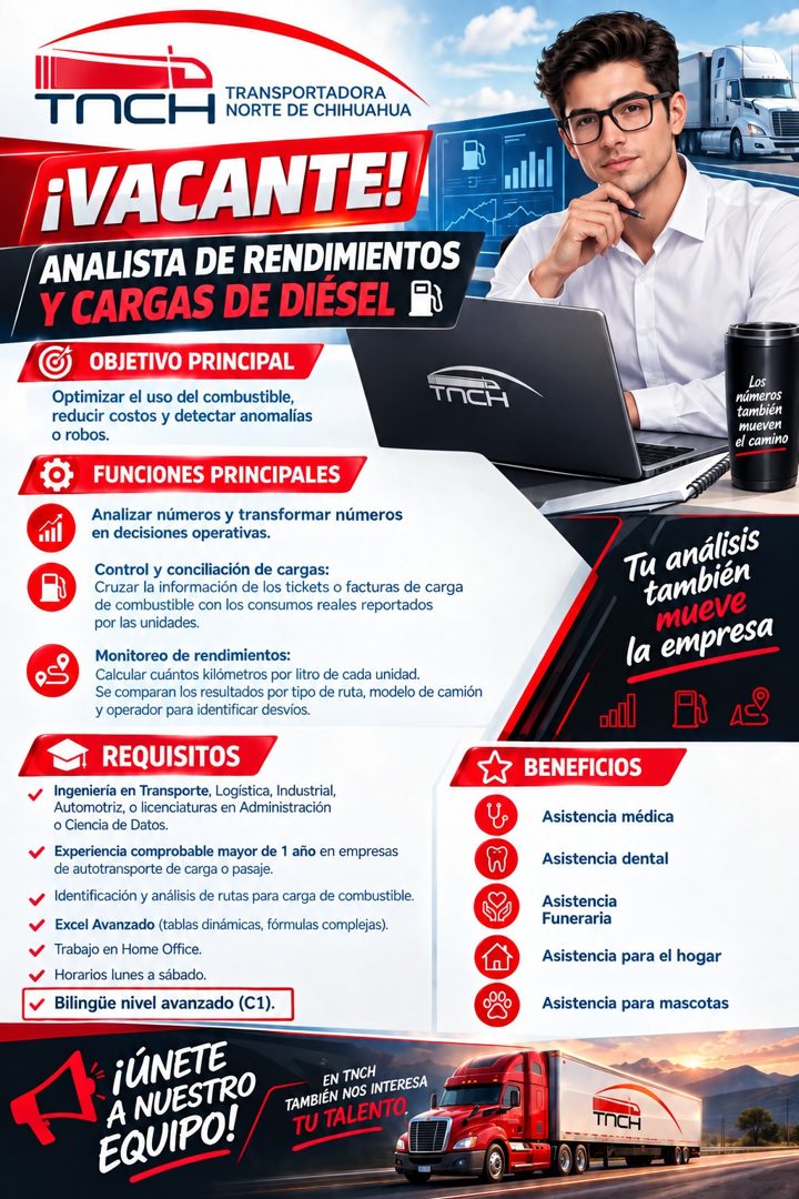 Banner del anuncio de la vacante: TACH · TRANSPORTADORA · NORTE DE CHIHUAHUA · ¡VACANTE! · ANALISTA DE RENDIMIENTOS · Y CARGAS DE DIÉSEL - · OBJETIVO PRINCIPAL · Optimizar el