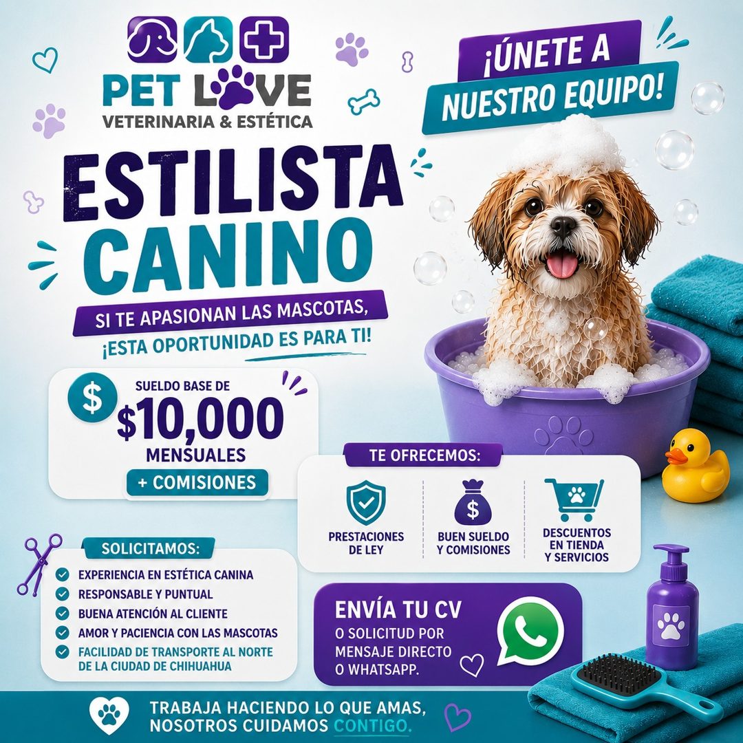 Banner del anuncio de la vacante: 8 · PET L'©VE · VETERINARIA & ESTÉTICA · ESTILISTA · ÷ CANINO · SI TE APASIONAN LAS MASCOTAS, · ¡ESTA OPORTUNIDAD ES PARA TI! · $ · SUELDO B