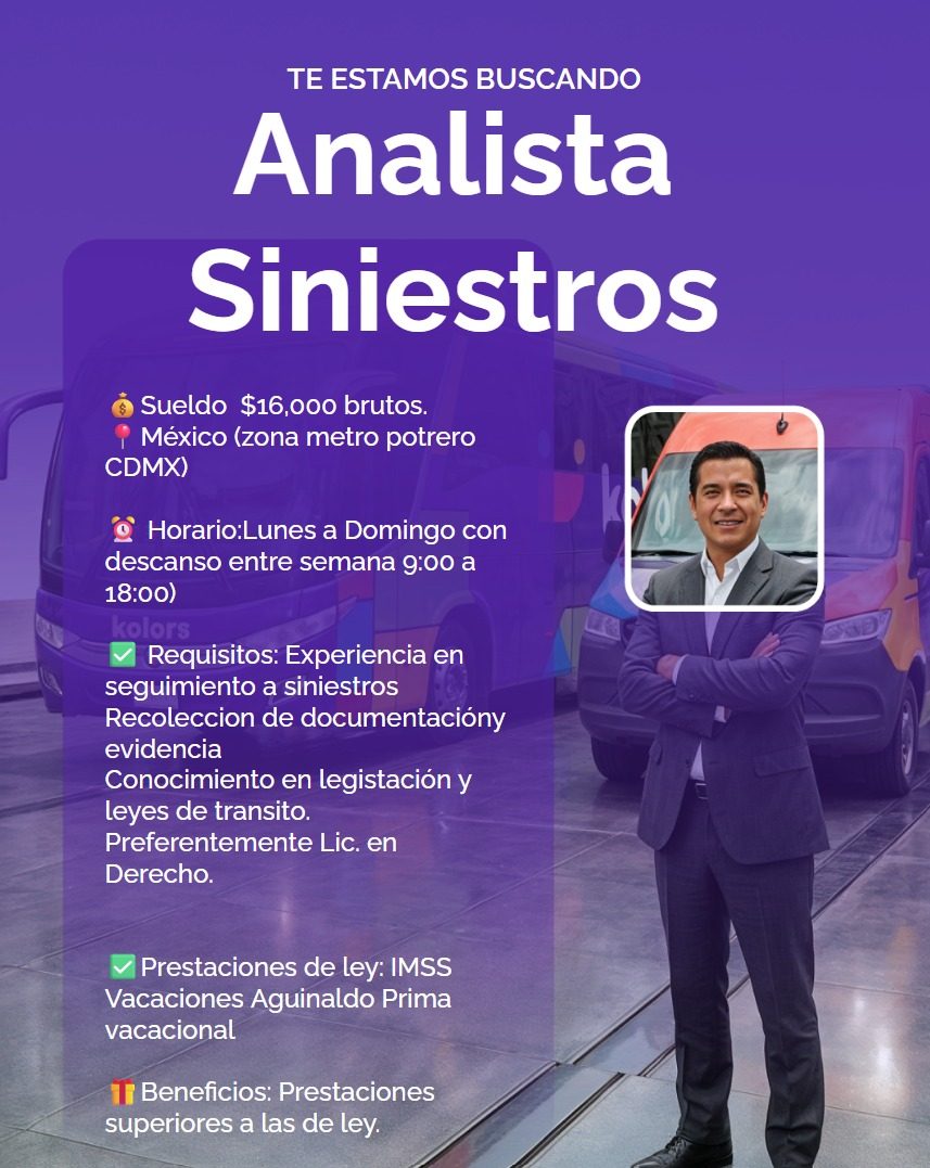 Banner del anuncio de la vacante: TE ESTAMOS BUSCANDO · Analista · Siniestros · Sueldo $16,000 brutos. · México (zona metro potrero · CDMX) · Horario:Lunes a Domingo con · de