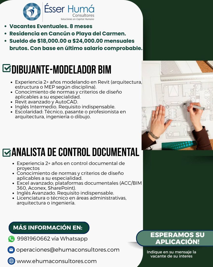 Banner del anuncio de la vacante: Ésser Humá · Consultores · Soluciones en Capital Humano · • Vacantes Eventuales. 8 meses · • Residencia en Cancún o Playa del Carmen. · • Su