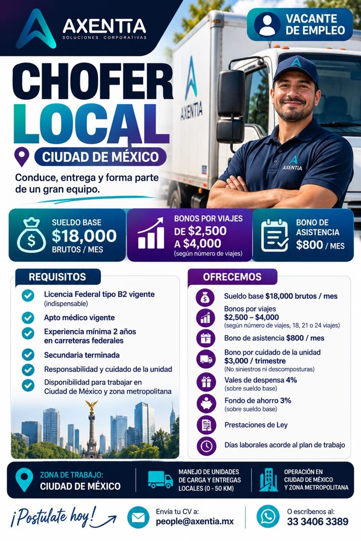 Banner del anuncio de la vacante: AXENTIA · SOLUCIONES · CORPORATIVAS · VACANTE · DE EMPLEO · CHOFER · LOCAL · CIUDAD DE MÉXICO · Conduce, entrega y forma parte · de un gran 
