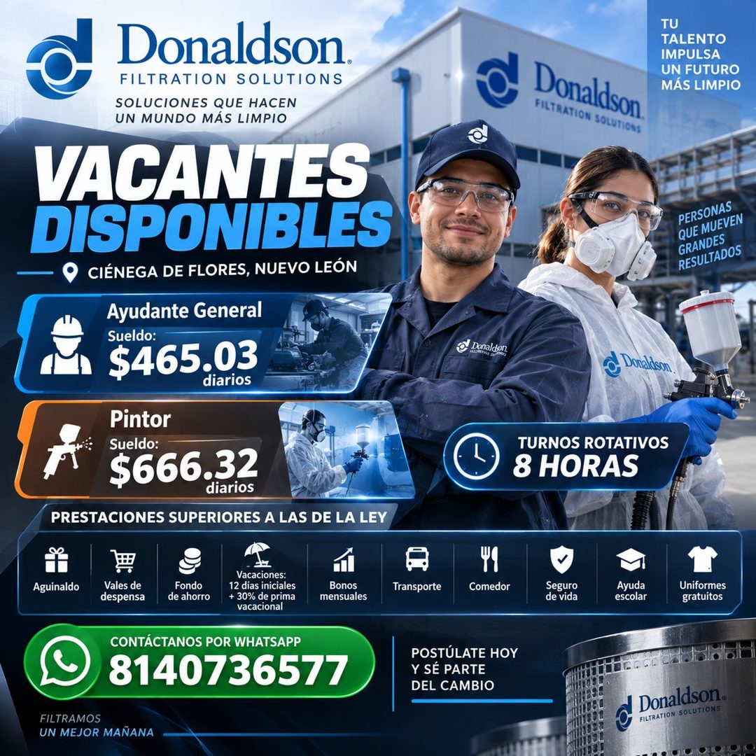 Banner del anuncio de la vacante: Donaldson. · FILTRATION SOLUTIONS · SOLUCIONES QUE HACEN · UN MUNDO MÁS LIMPIO · VACANTES · DISPONIBLES · CIÉNEGA DE FLORES, NUEVO LEÓN · Ay