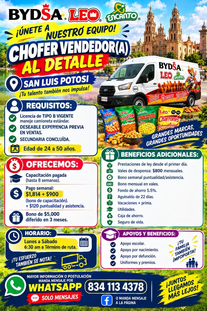 Banner del anuncio de la vacante: BYDSA LEO · ENCANTO® · ¡ÚNETE A · NUESTRO EQUIPO! · CHOFER VENDEDOR(A) · AL DETALLE · SAN LUIS POTOSI · ¡Tu talento también nos impulsa! · R